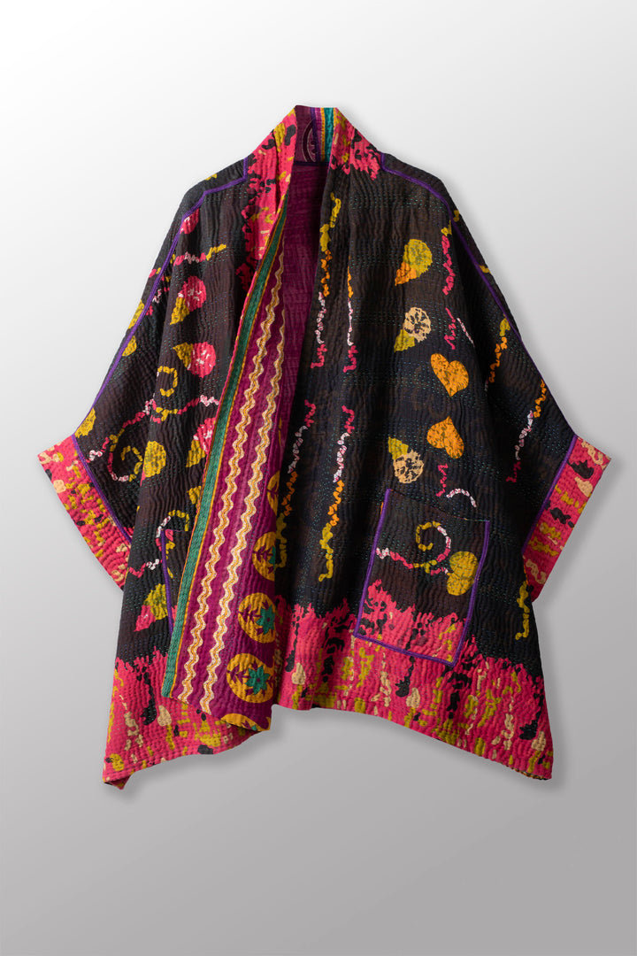 VINTAGE COTTON KANTHA DOUBLE COLLAR PONCHO - cv4323-0041a -