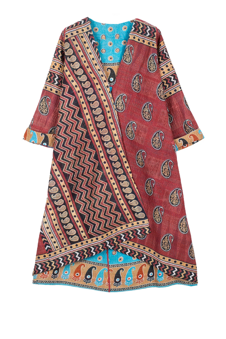 VINTAGE COTTON KANTHA WRAP FLARE COAT - cv4330-0005a -