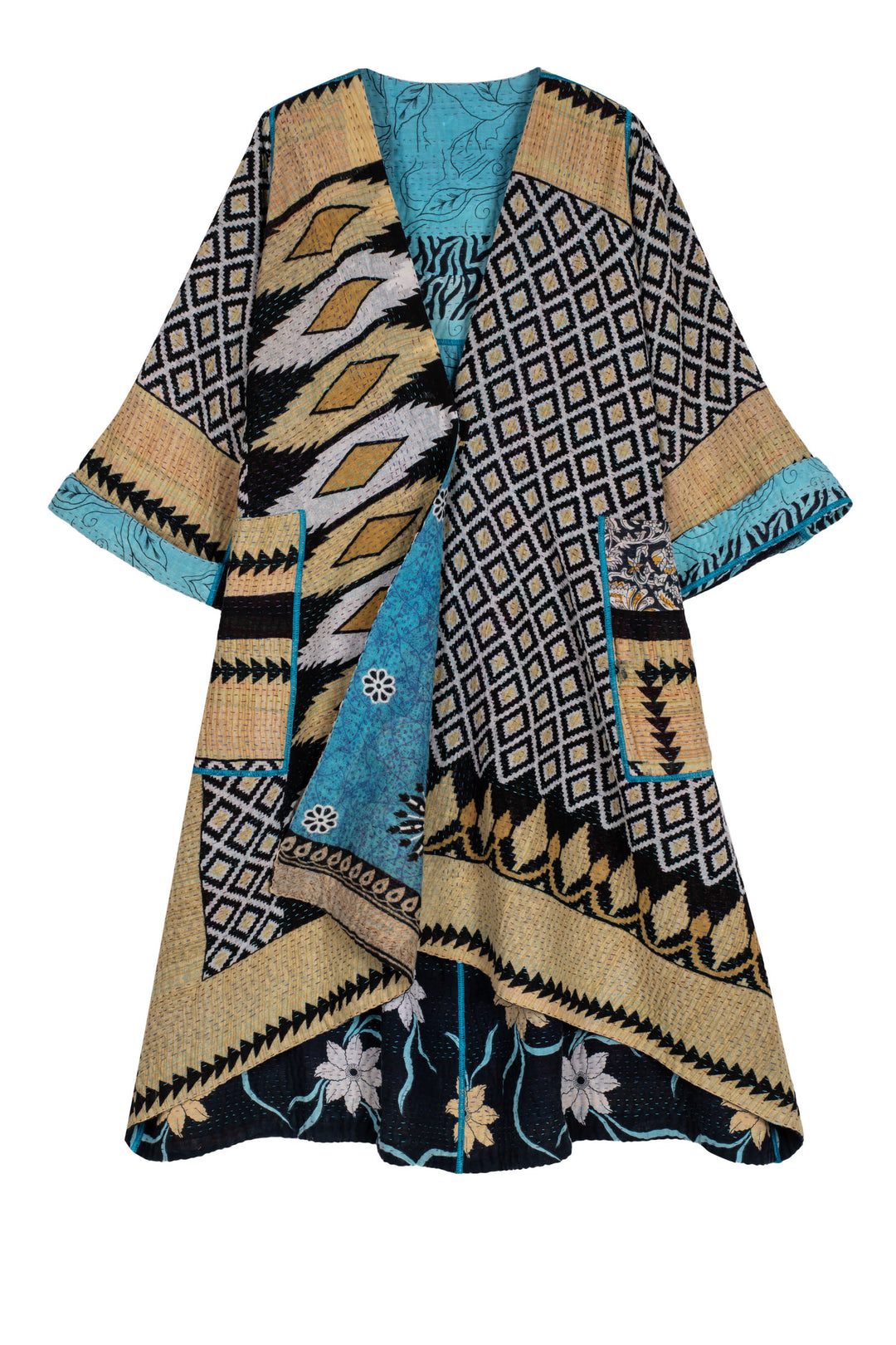 VINTAGE COTTON KANTHA WRAP FLARE COAT - cv4330-0014a -