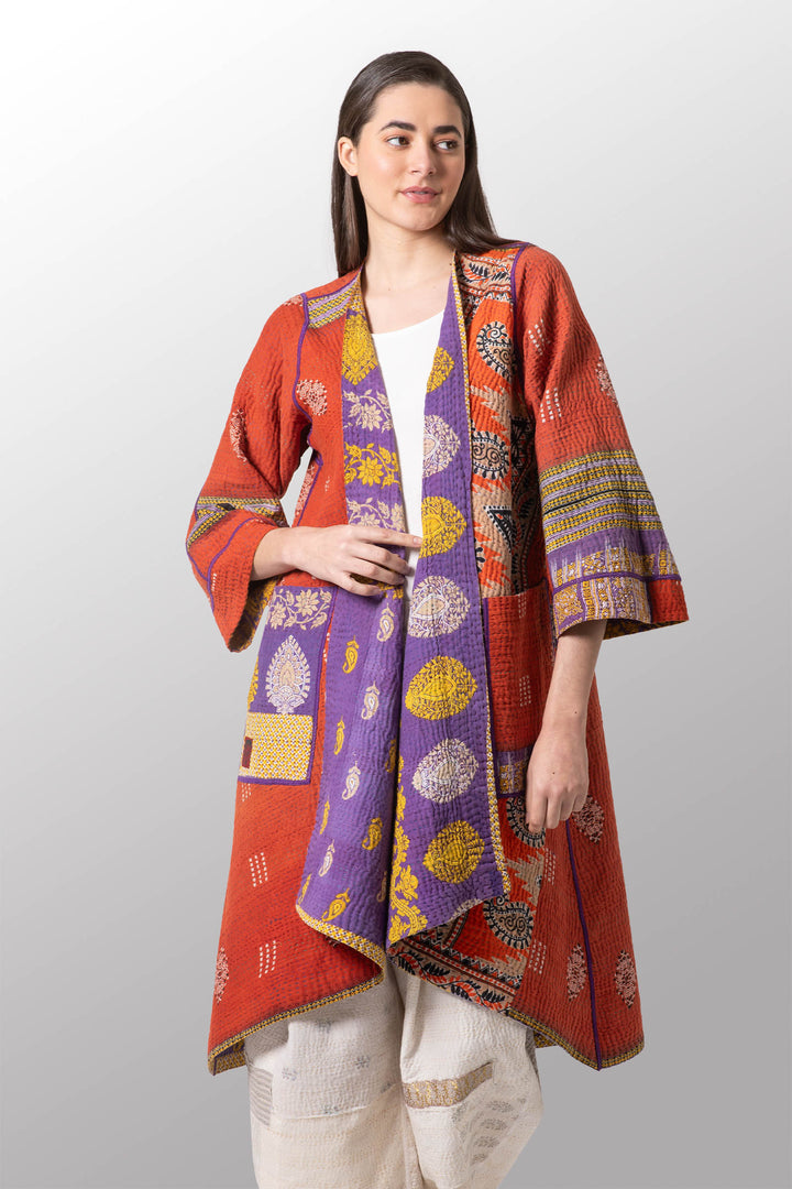 VINTAGE COTTON KANTHA WRAP FLARE COAT - cv4330-0015a -