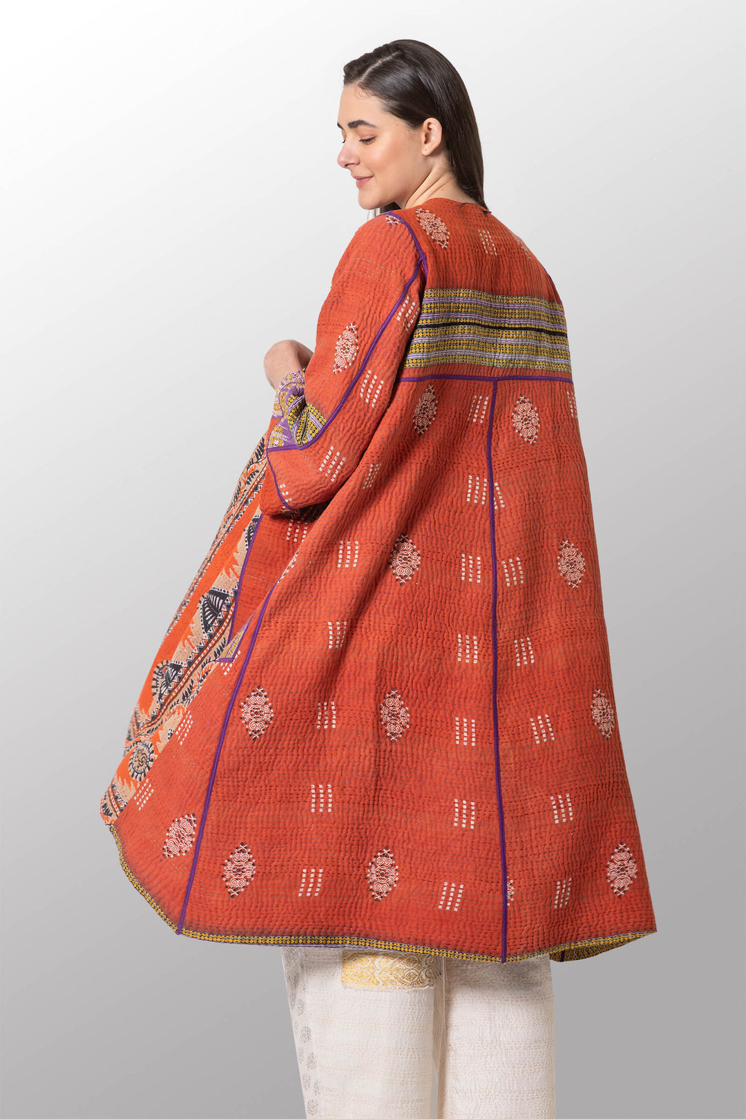 VINTAGE COTTON KANTHA WRAP FLARE COAT - cv4330-0015a -