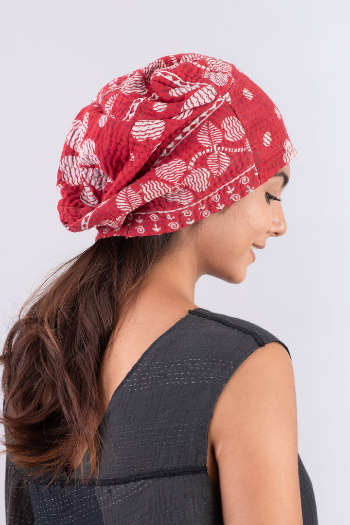 VINTAGE COTTON KANTHA 4 CORNER HAT - cv4883-red -