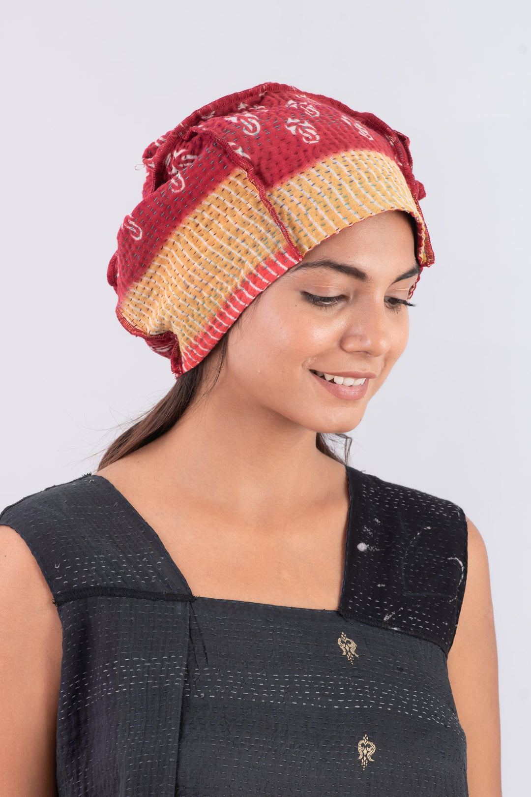 VINTAGE COTTON KANTHA 4 CORNER HAT - cv4883-red -