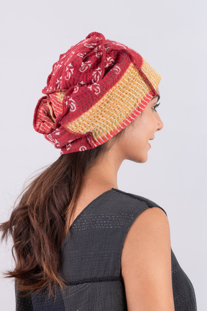 VINTAGE COTTON KANTHA 4 CORNER HAT - cv4883-red -