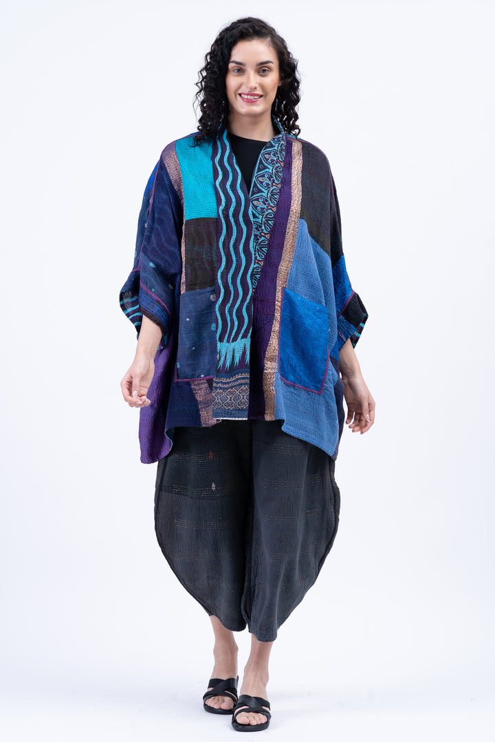 DESERT WAVES KANTHA DOUBLE COLLAR PONCHO - dw2323-blu -
