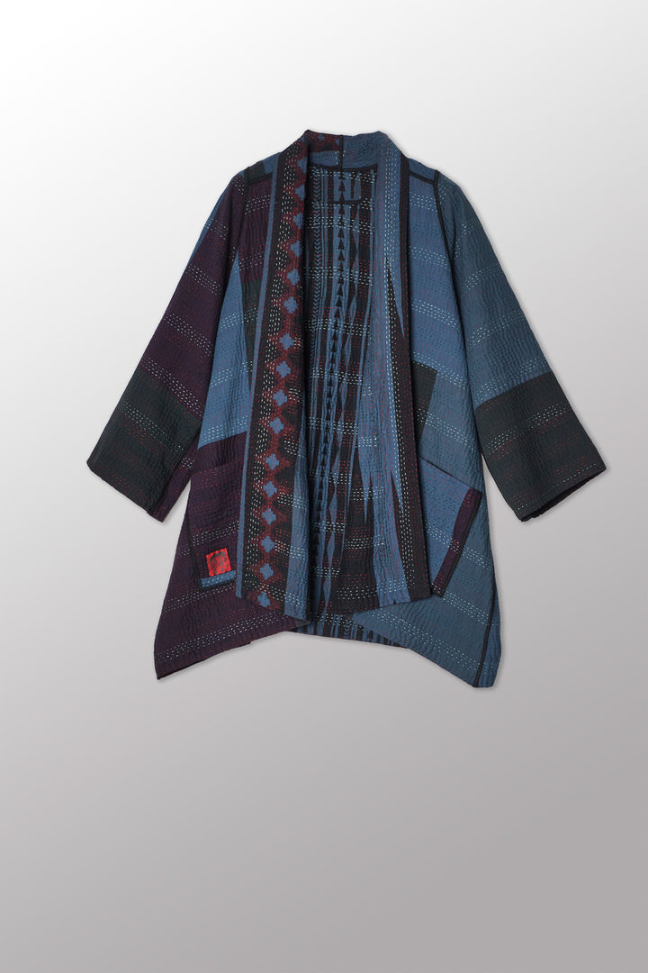 OVERDYED MONOTONE IKAT KANTHA A-LINE JKT - ov-mi4003-nvy -