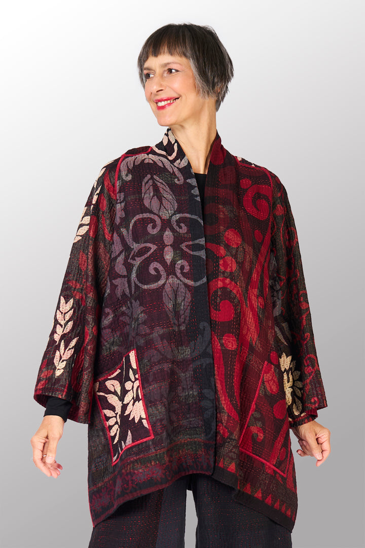 BIG PRINTED PATCH WITH OMBRE BACKING KANTHA  A-LINE JACKET - px4003-red -