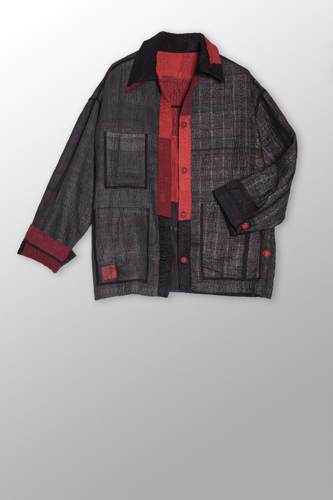 TWO TONE PATCH KANTHA WORKERS JACKET - tn4085-red -