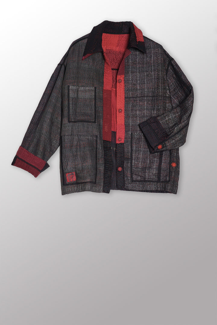 TWO TONE PATCH KANTHA WORKERS JACKET - tn4085-red -