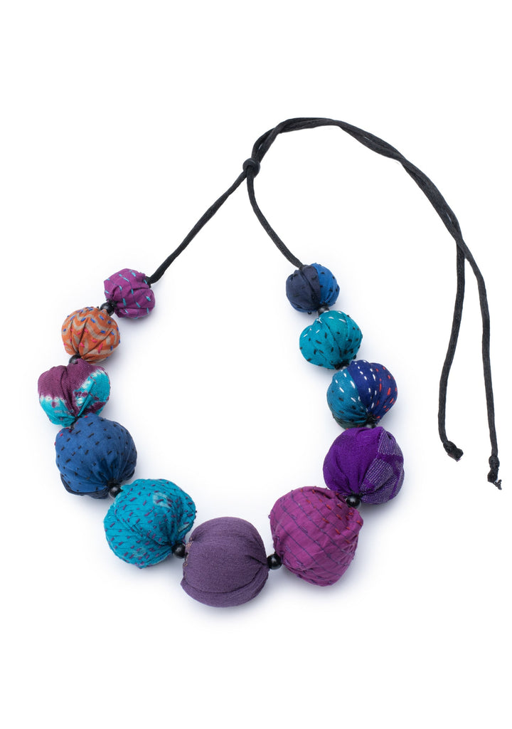 OOAK VINTAGE SILK KANTHA NUTS SHORT NECKLACE - ok2700-blu -