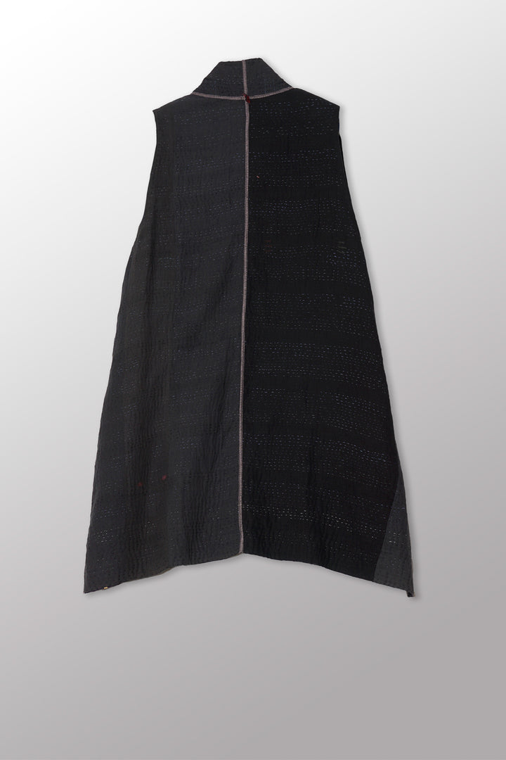 COTTON SILK SW PATCH KANTHA KIMONO VEST - ws4247-blk -