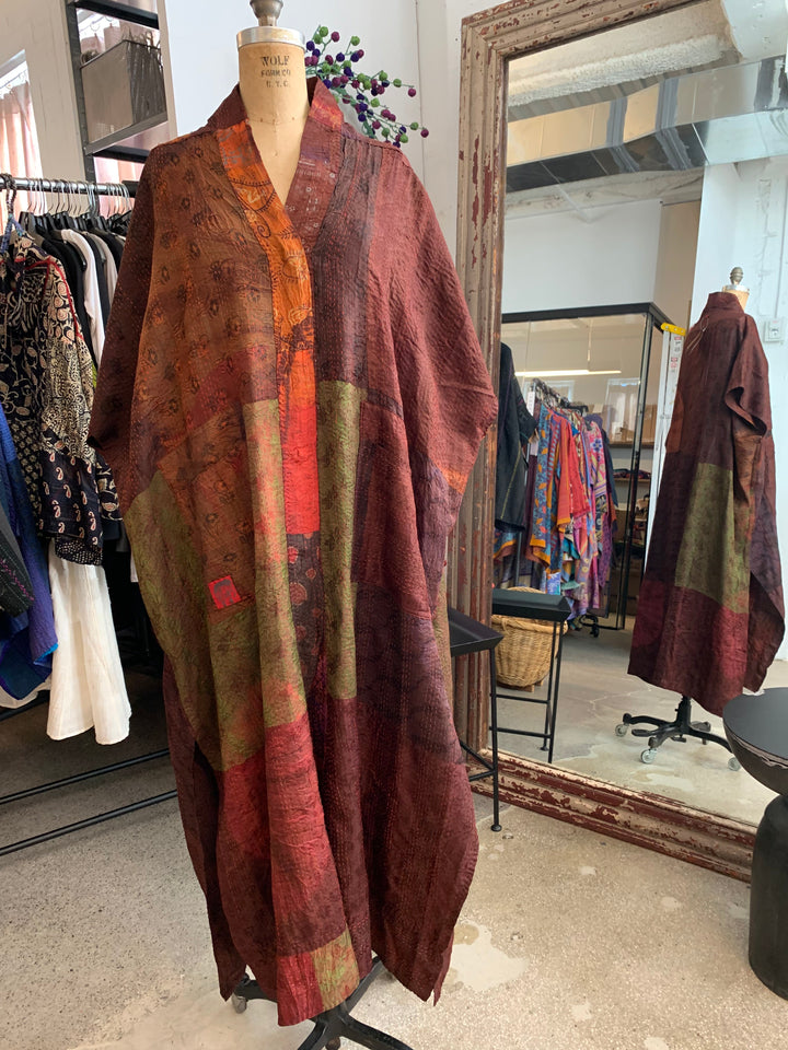 JACQUARD SILK PATCH TIE DYE CIRCLE SHIBORI KANTHA PONCHO DRESS - wj2443-brn -