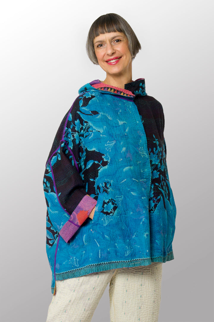 VINTAGE COTTON KANTHA HOODIE PONCHO - cv2064-0007a -