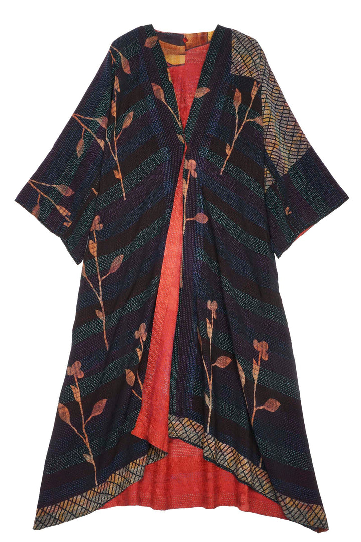 VINTAGE SILK GEORGETTE KANTHA KIMONO MAXI - sg2318-0002a -