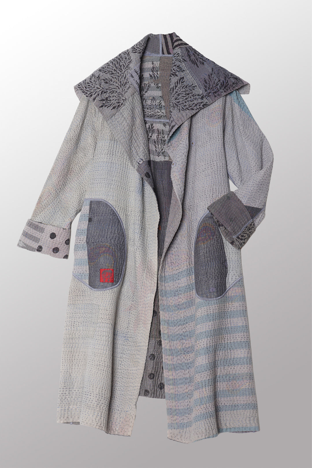 FRAYED PATCH KANTHA A-LINE COAT - fi4309-gry -