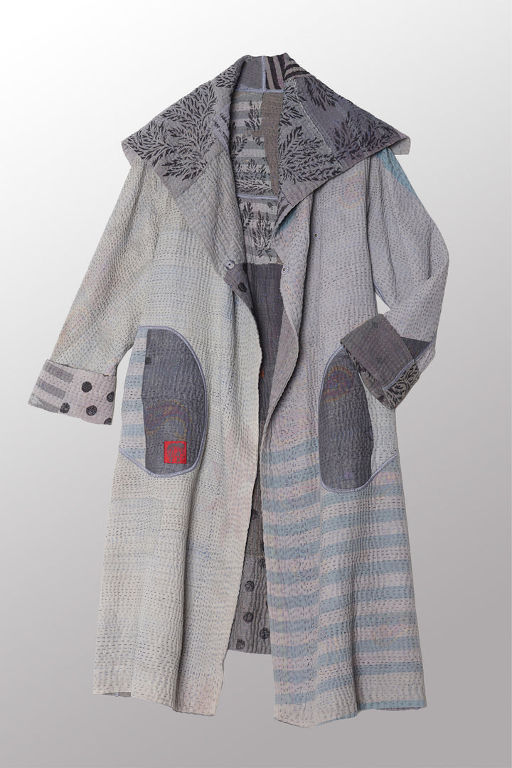 FRAYED PATCH KANTHA A-LINE COAT - fi4309-gry -