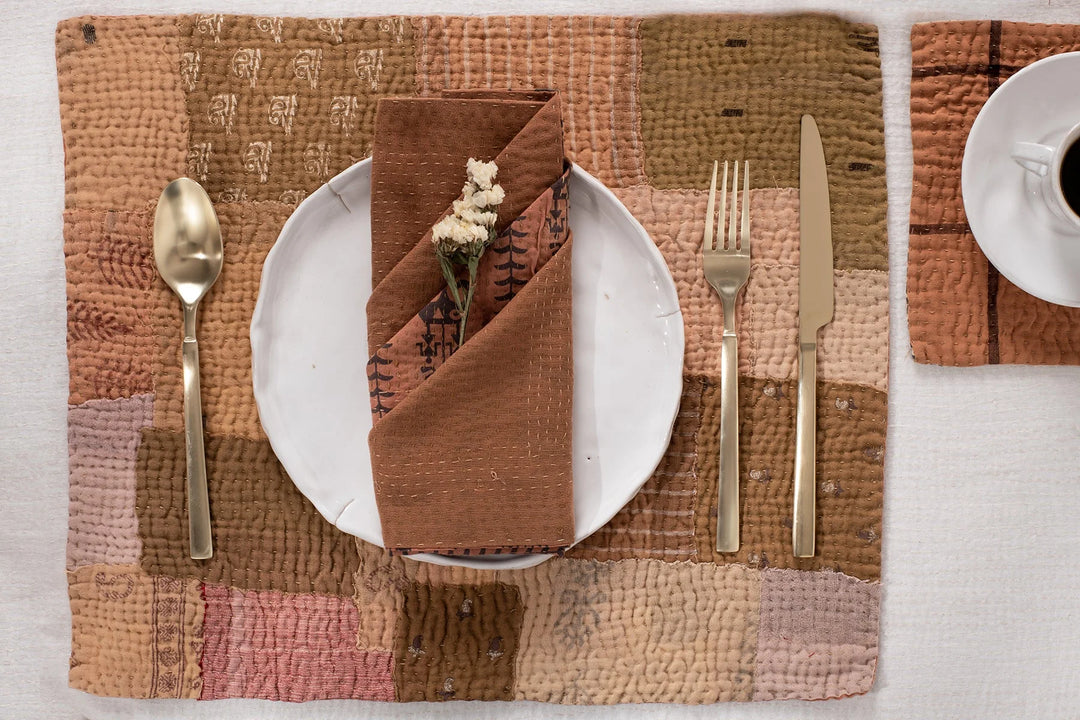 Mosaic Fray Vintage Kantha Placemats -Mushroom (Set of 2)