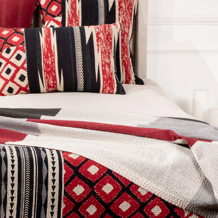 Monotone Ikat Handmade Vintage Kantha Quilts & Bed Cover -Red