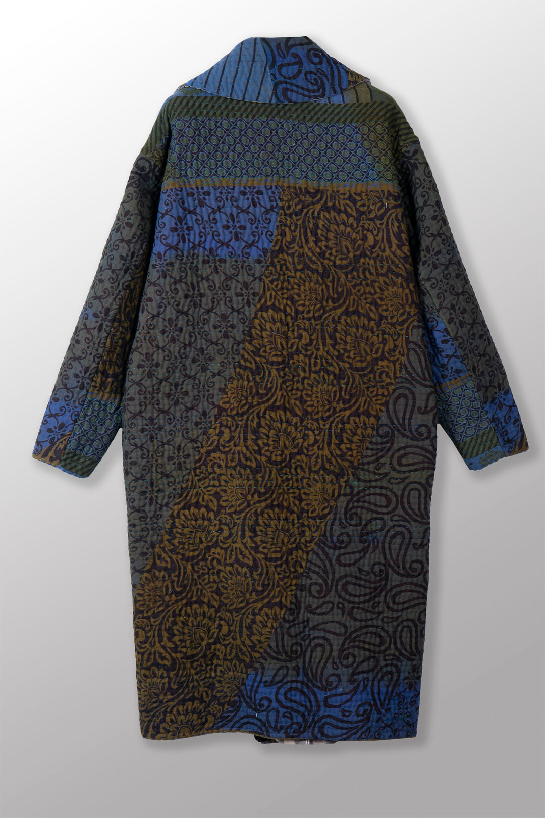 QUILTED OVERDYE COTTON KANTHA DOUBLE BREAST LONG COAT - oq5340-cblu002a -