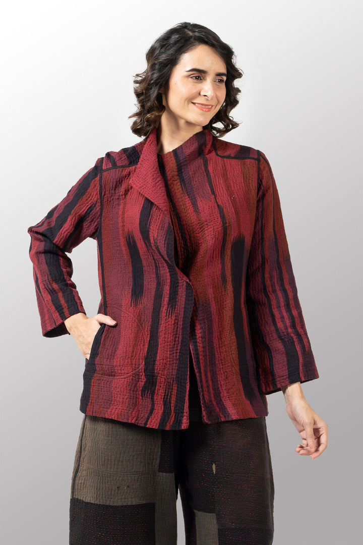 IKAT STRIPE KANTHA SHORT JACKET - is4007-drd -