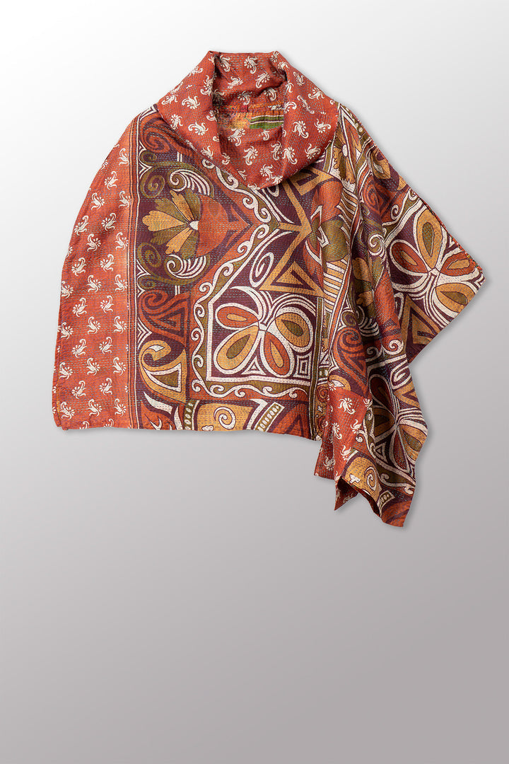 VINTAGE SILK KANTHA COWL NECK LONG CAPE - sv2842-0013a -