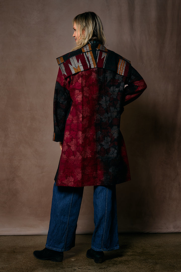 WOVEN HANDLOOM IKAT WITH OMBRE KANTHA POCKET MEDIUM COAT - wh4316-red -