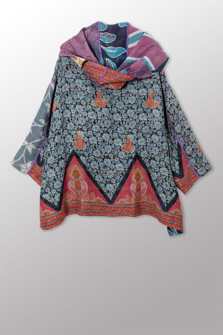 VINTAGE SILK GEORGETTE COTTON KANTHA HOODIE PONCHO - gc2064-0003a -