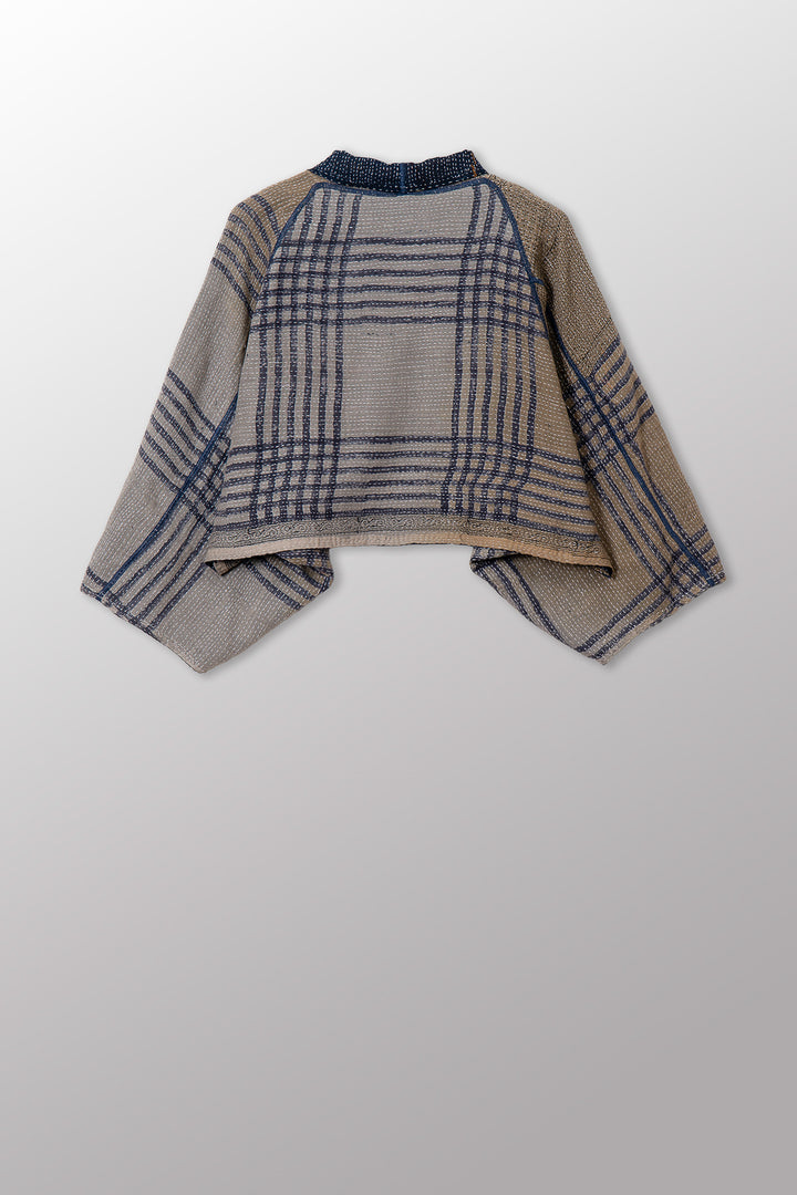 INDONESIAN PRINT VINTAGE INDIGO BACKING KANTHA PUFF SLV. SHRUG - bi2062-blu -