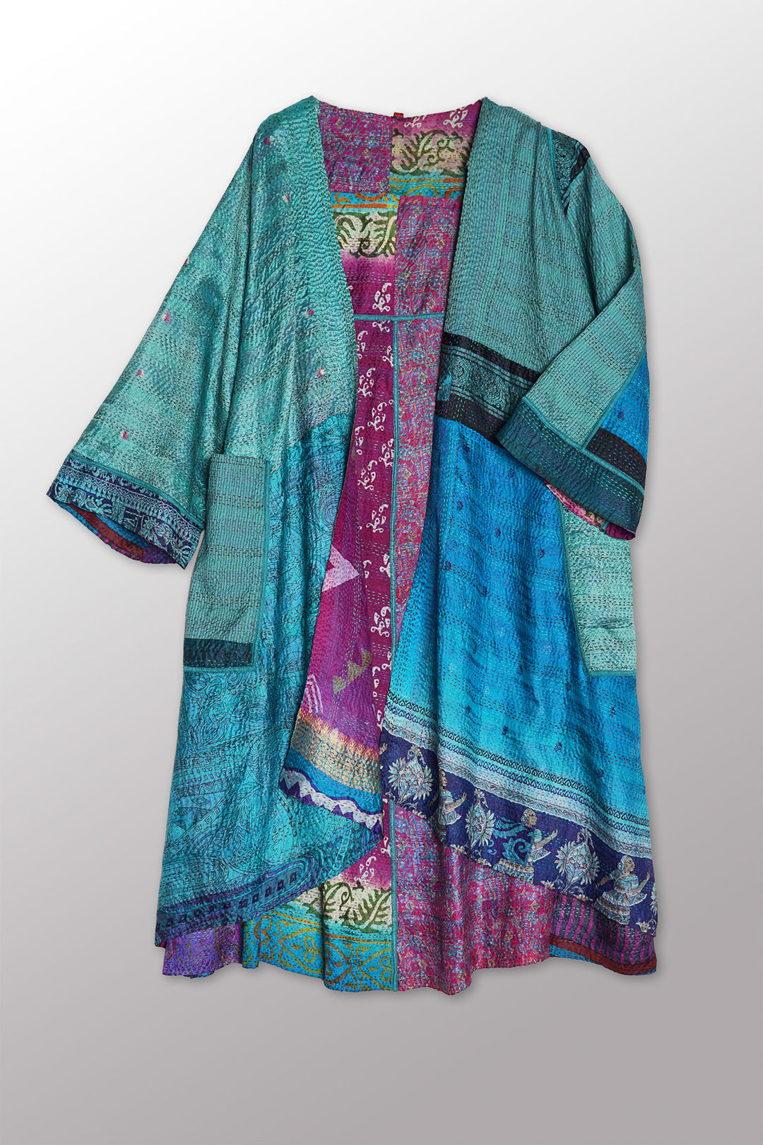 VINTAGE SILK KANTHA WRAP FLARE COAT - sv2330-0003a -