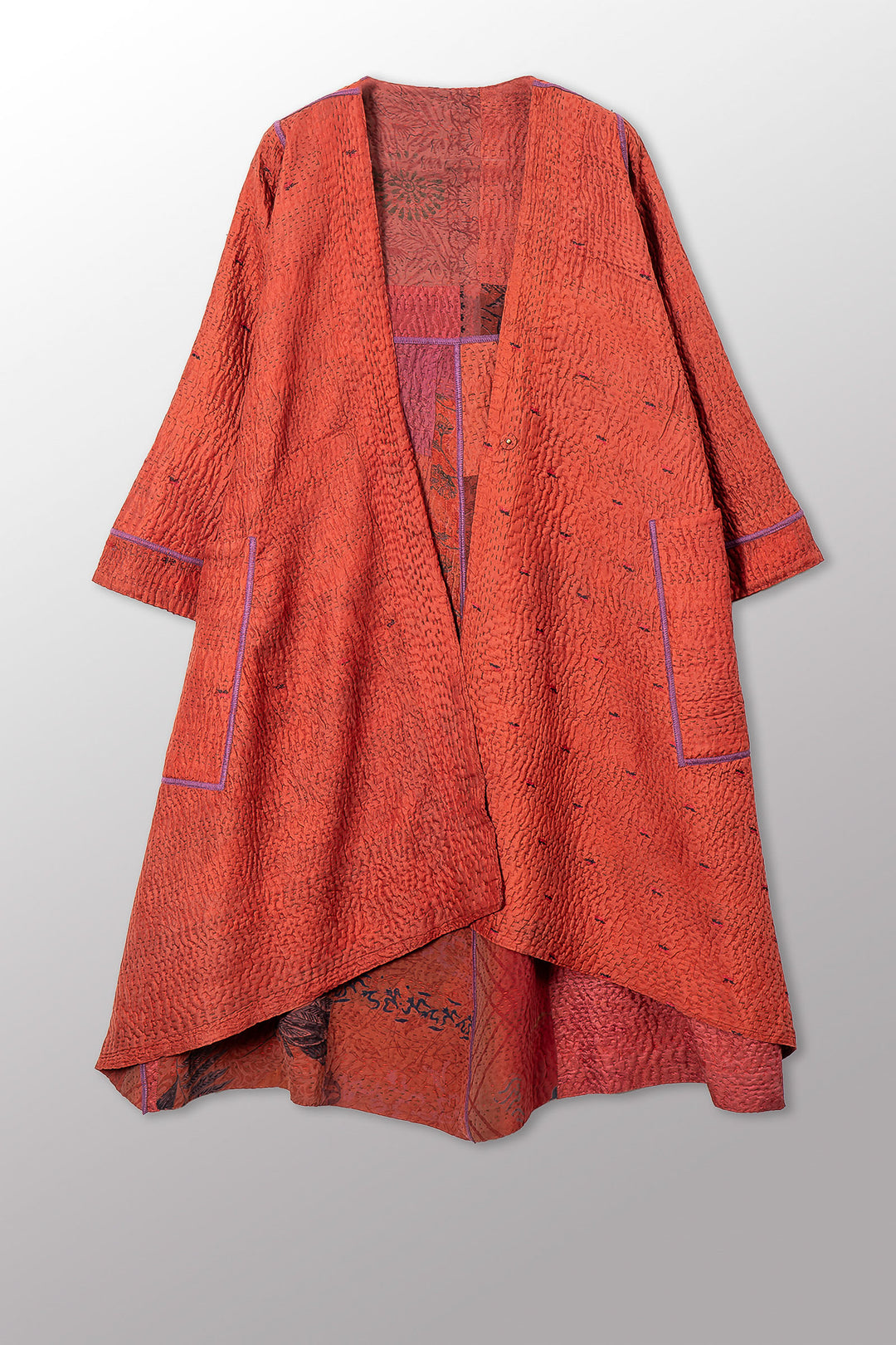 GEORGETTE JACQUARD VINTAGE SILK PATCH KANTHA WRAP FLARE COAT - gj4330-org -