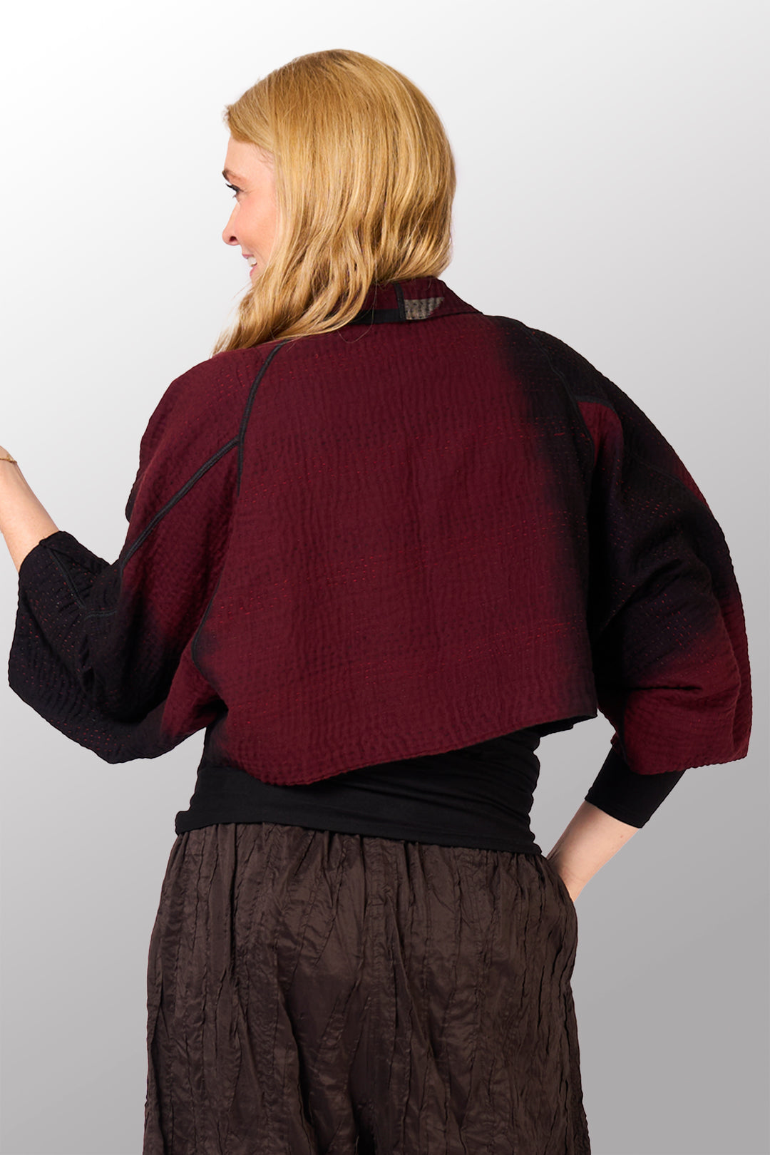 WOVEN HANDLOOM IKAT WITH OMBRE KANTHA PUFF SLV. SHRUG - wh4062-red -