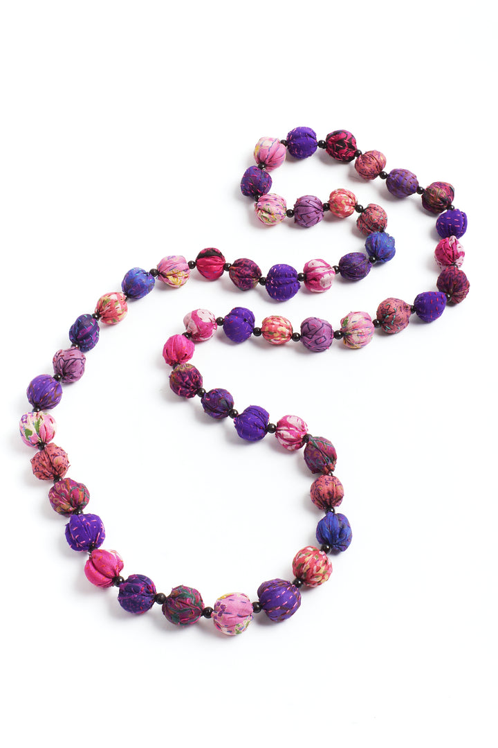 VINTAGE SILK KANTHA SMALL NUTS LONG NECKLACE - sv2706-ppl -