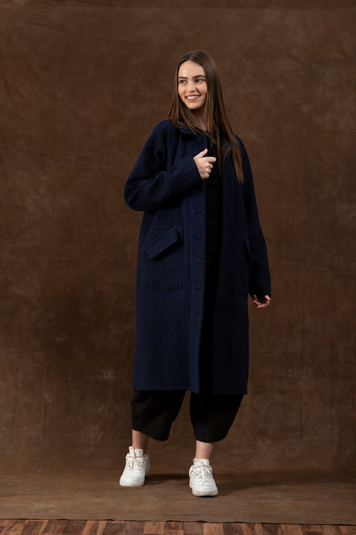 QUILTED VINTAGE COTTON WITH FLANNEL KANTHA RAGLAN SLEEVE COAT - fq5337-blk -