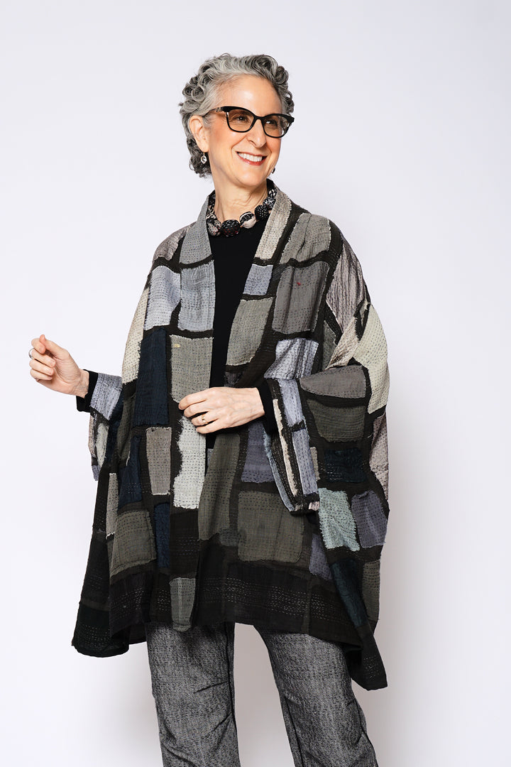 TONAL TILE PATCH KANTHA DOUBLE COLLAR PONCHO - tt2323-gry -