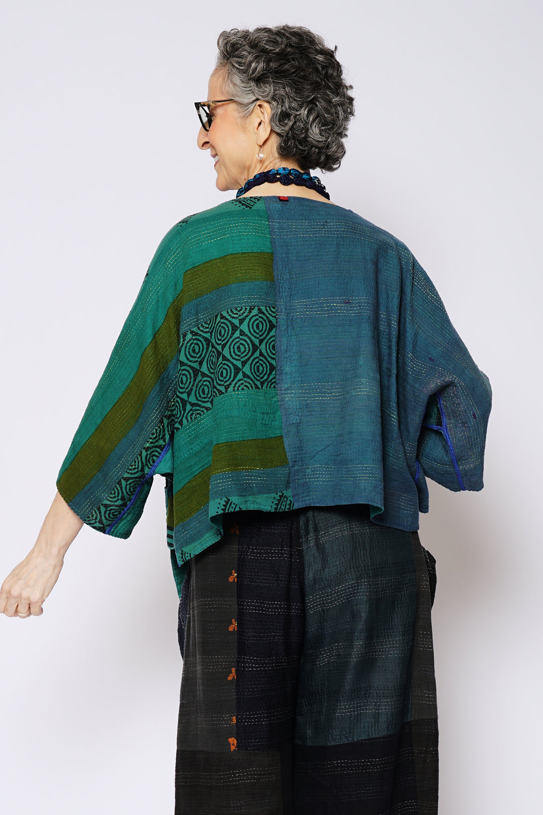 COTTON SILK SW PATCH KANTHA 3/4 SLV. CROP TOP - ws2528-tel -