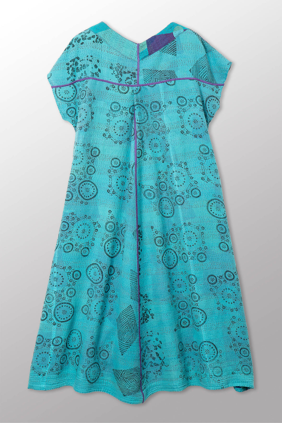 VINTAGE COTTON & NEW VOILE KANTHA V-NECK FRENCH SLV. DRESS - cn2467-0001s -