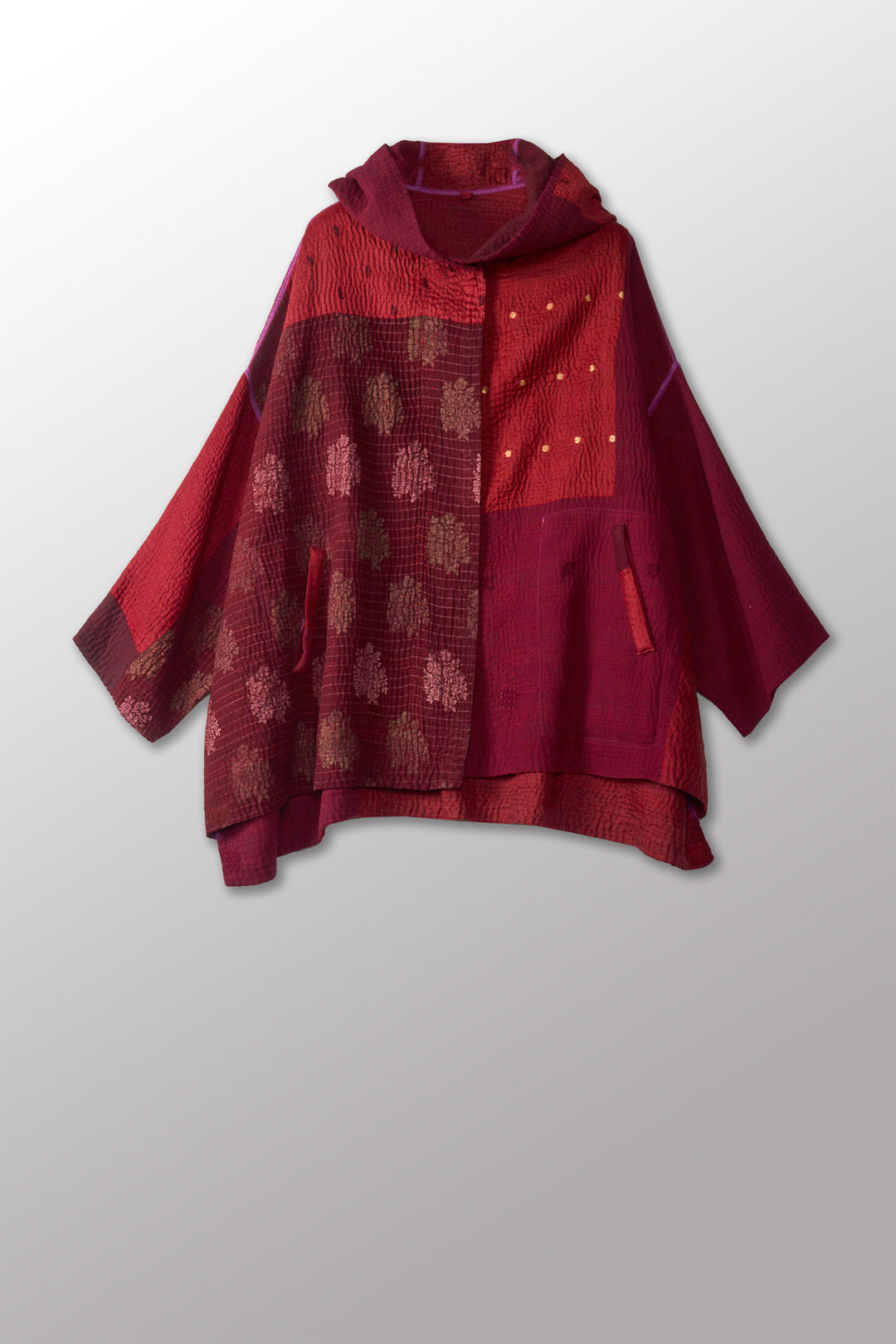 JAIPUR PATCH KANTHA HOODIE PONCHO - jp4064-red -
