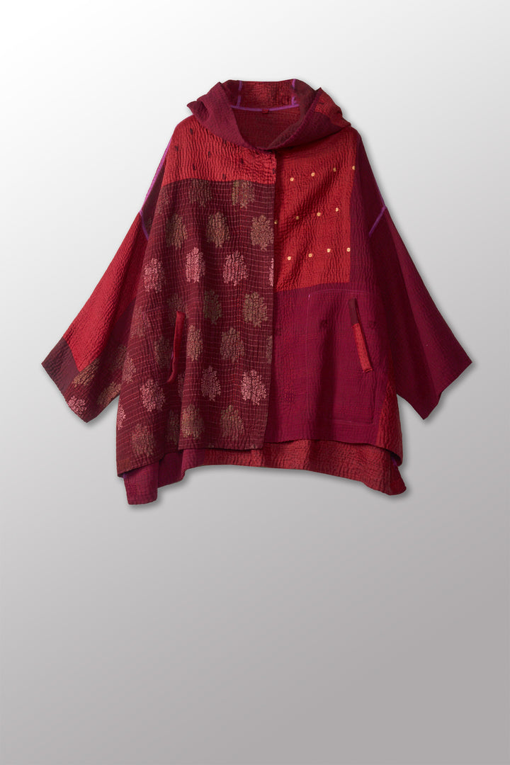 JAIPUR PATCH KANTHA HOODIE PONCHO - jp4064-red -