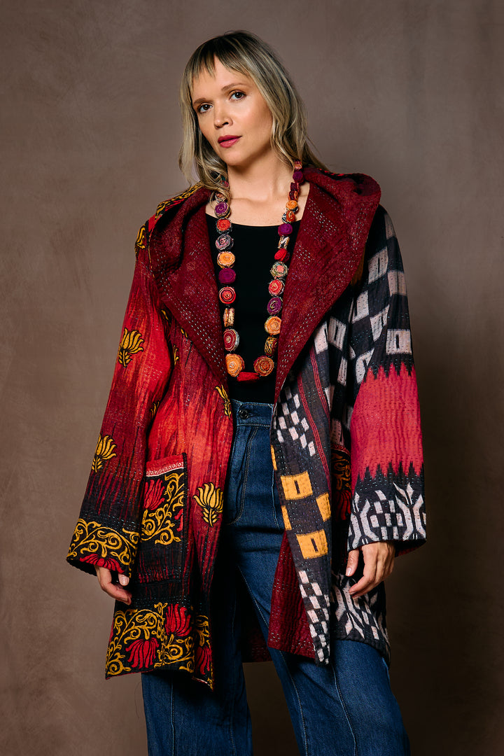 VINTAGE COTTON KANTHA HOODED POCKET COAT - cv4303-0002a -
