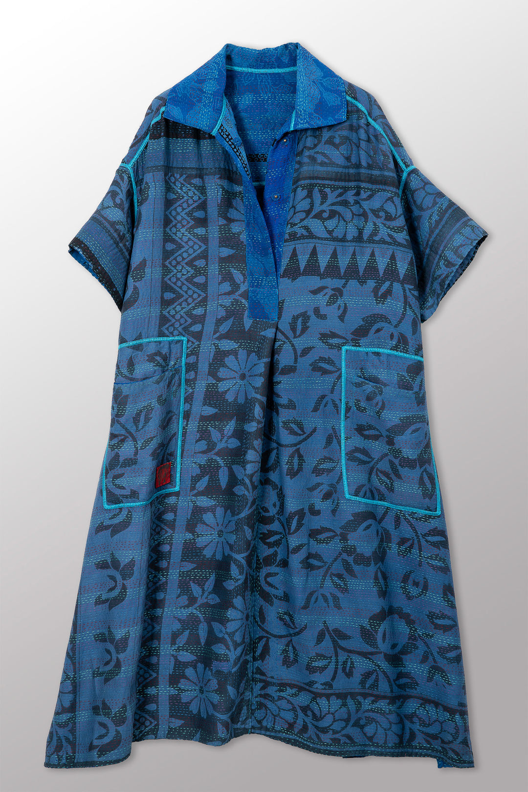 VINTAGE SILK GEORGETTE COTTON KANTHA WING COLLAR DRESS - gc2454-0001a -
