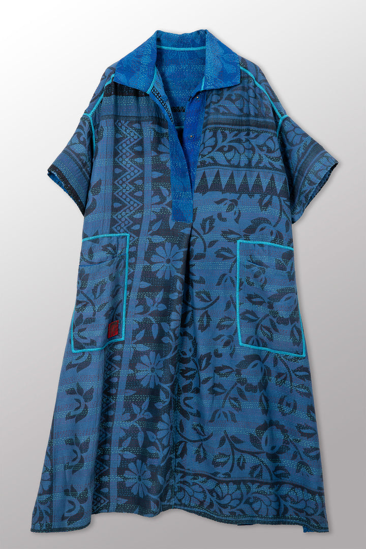VINTAGE SILK GEORGETTE COTTON KANTHA WING COLLAR DRESS - gc2454-0001a -