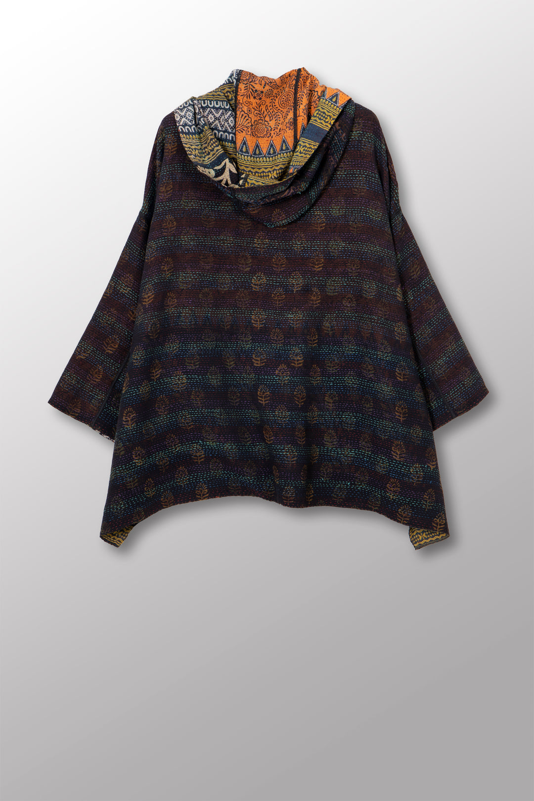 VINTAGE SILK GEORGETTE COTTON KANTHA HOODIE PONCHO - gc2064-0001a -