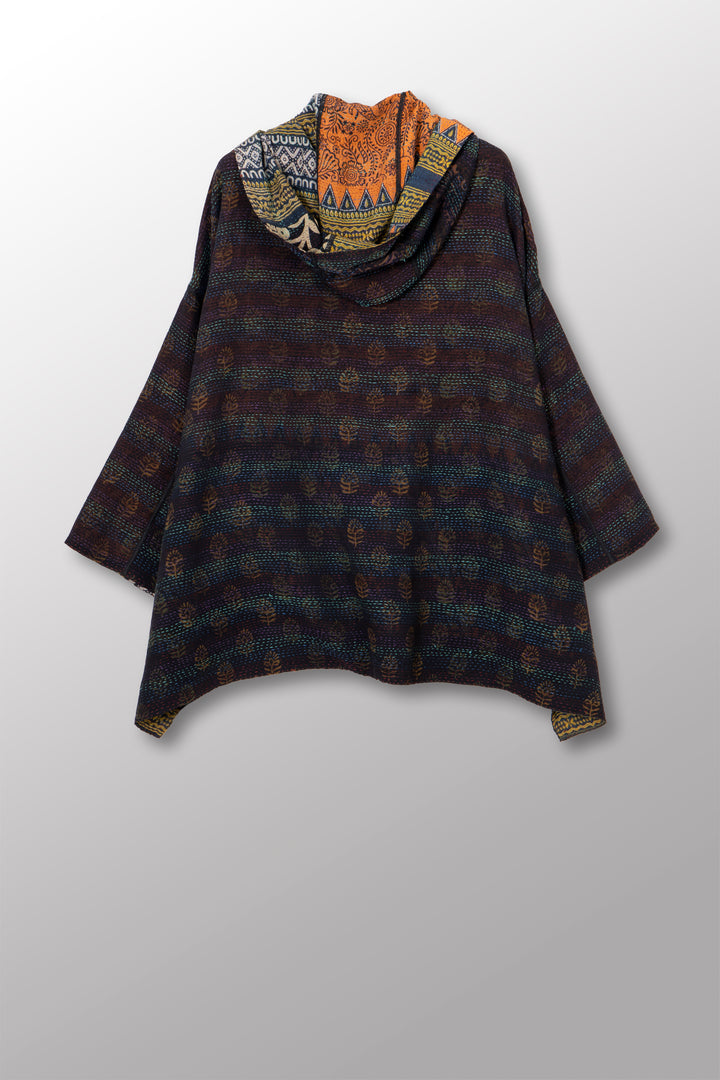 VINTAGE SILK GEORGETTE COTTON KANTHA HOODIE PONCHO - gc2064-0001a -
