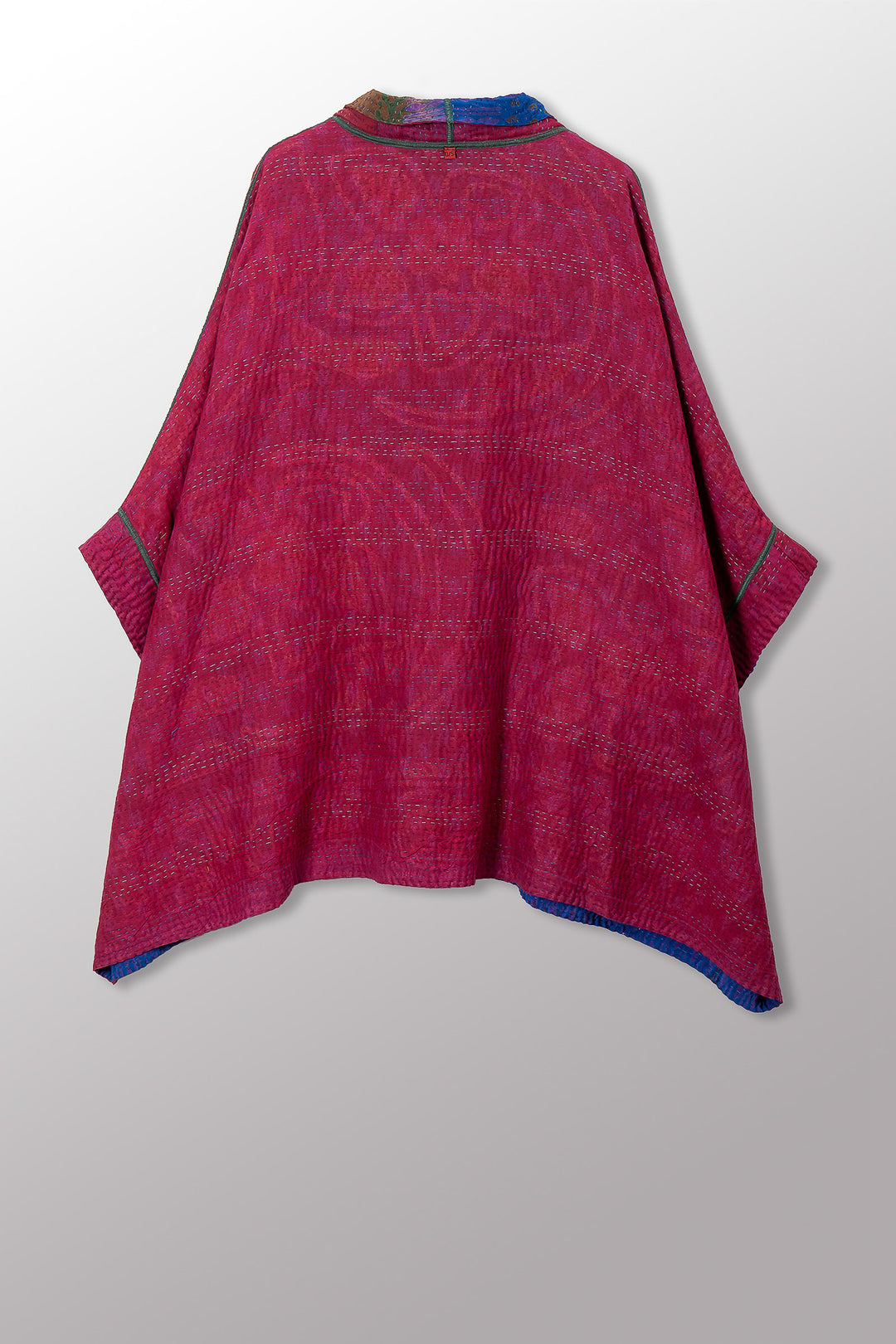 VINTAGE SILK GEORGETTE COTTON KANTHA DOUBLE COLLAR PONCHO - gc4323-0002a -