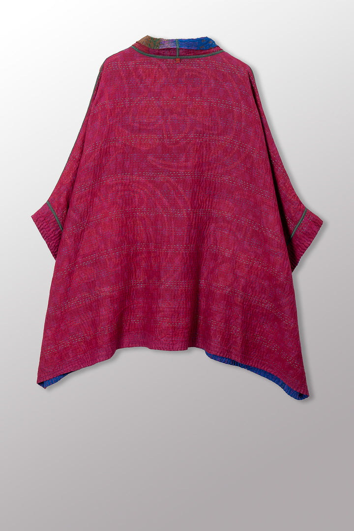 VINTAGE SILK GEORGETTE COTTON KANTHA DOUBLE COLLAR PONCHO - gc4323-0002a -