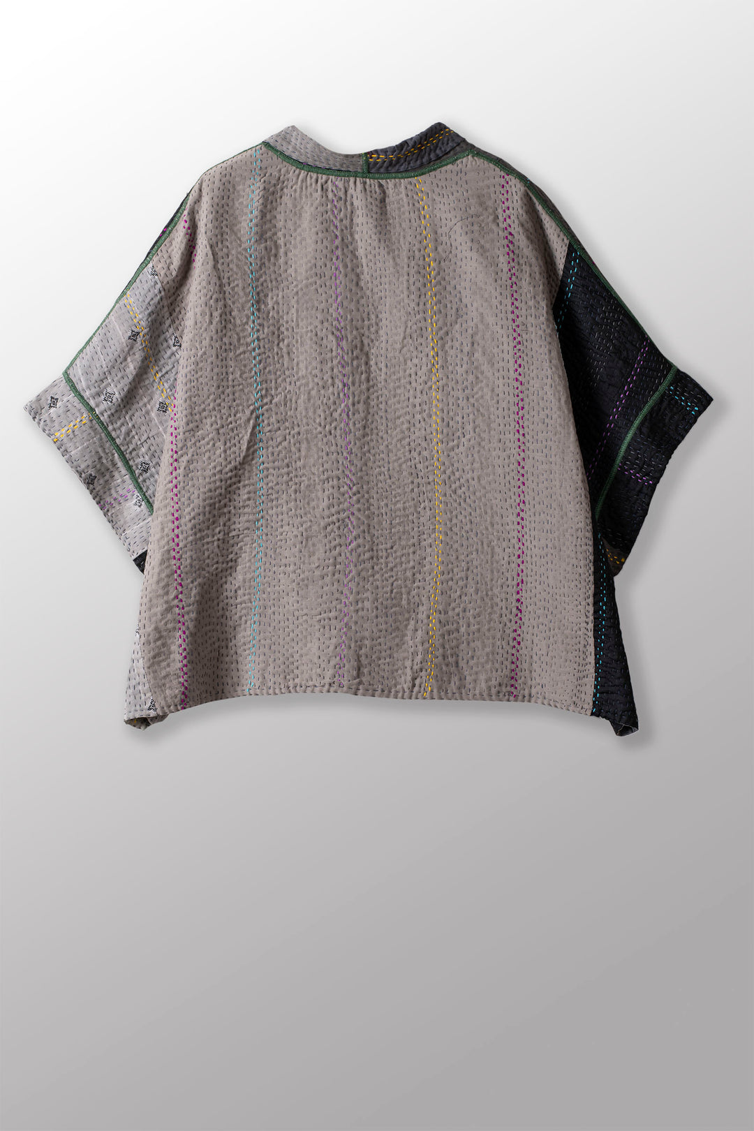 JEWEL WOVEN WITH VERTICAL PATCH KANTHA MINI PONCHO - jv4060-gry -