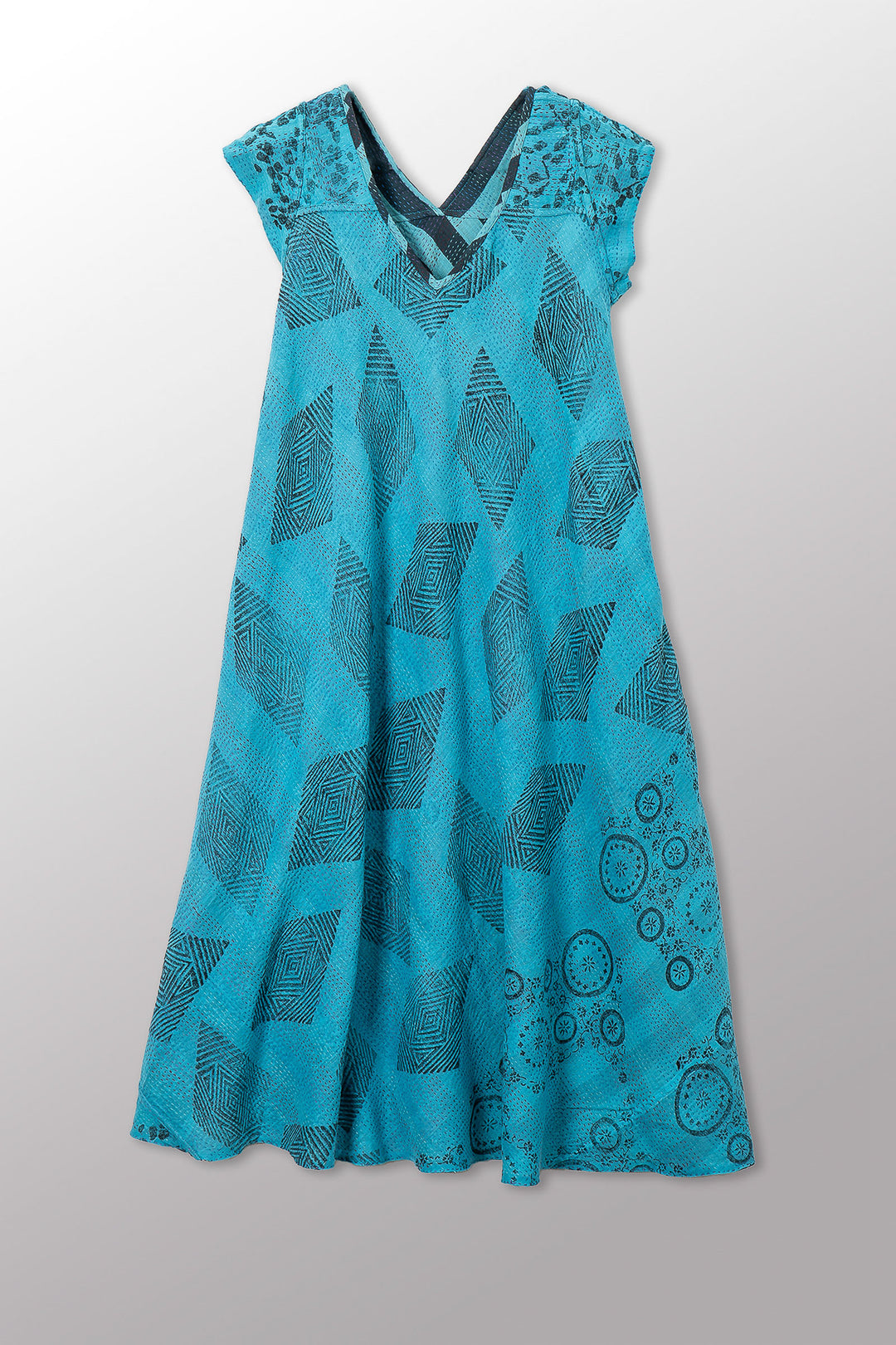 VINTAGE COTTON & NEW VOILE KANTHA CAP SLV. FLARE DRESS - cn2425-0009s -