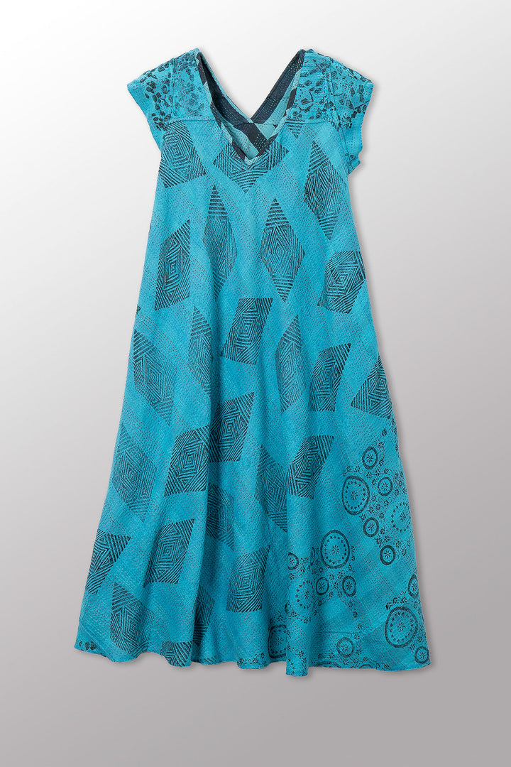 VINTAGE COTTON & NEW VOILE KANTHA CAP SLV. FLARE DRESS - cn2425-0009s -