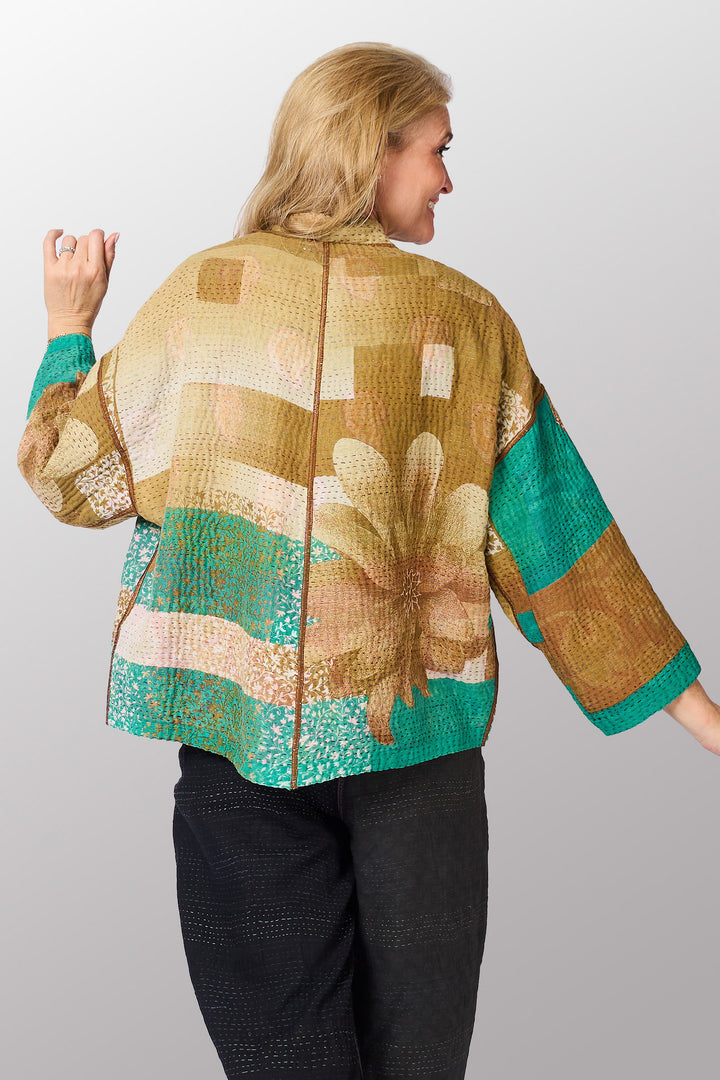 VINTAGE COTTON KANTHA STAND COLLAR CROPPED JKT - cv4034-0158a -