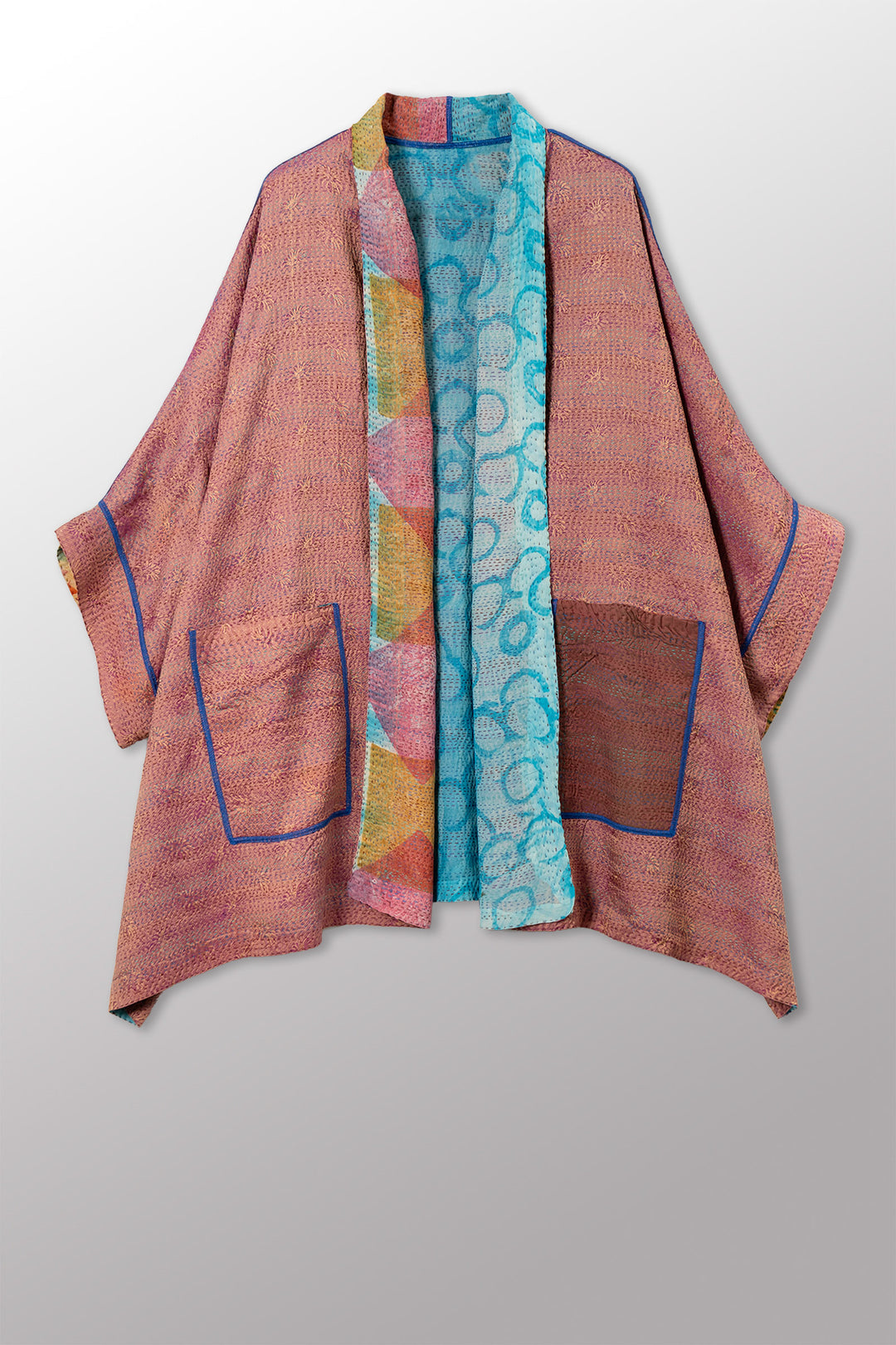 GEORGETTE JACQUARD VINTAGE SILK PATCH KANTHA DOUBLE COLLAR PONCHO - gj2323-0003a -